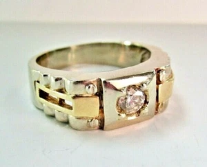 L@@K Gorgeous modern Solid 14K White / Yellow Gold Diamond Signet RING sz 9 MEN - Picture 1 of 11