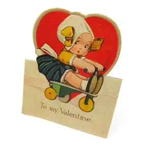 Vintage Valentine Card Cutout Stand Up Dutch Girl On Tricycle Bavaria UNSIGNED - Bild 1 von 12