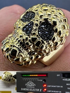 Gold Nugget Death Skull Ring Mens 14k Plated 925 Silver Real Black MOISSANITE - Picture 1 of 24