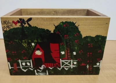 Vintage Solid Wood Box Handpainted Apple Orchard Scene Storage/Recipe Signed   - Image 1 of 4