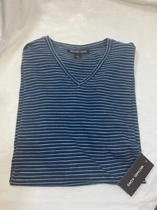 New Michael Kors Shirt Petrol Teal Blue White Stripe V Neck MK Logo Active Mens - Picture 1 of 12