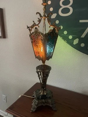 非常罕见老式金小天使灯带彩色玻璃和大理石 — 第 1/4 张图片