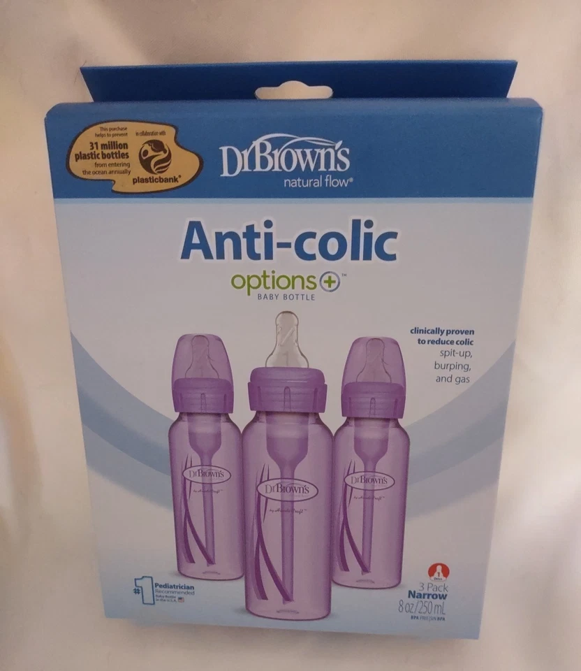 Biberón púrpura anticólicos Dr Brown's Natural Flow nivel uno paquete de tres 8 oz Foto 1 de 4