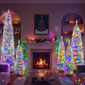 5-set Artificial Christmas Tree W/ Snow Flocking Xmas Holiday Decoration Tree - Picture 1 of 14