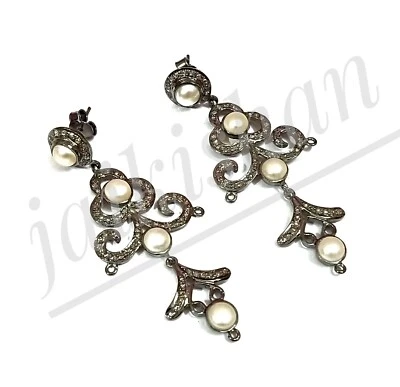 Perla Gemma Pavé di Diamanti 925 Argento Sterling Pendente Trend Orecchino - Immagine 1 di 4