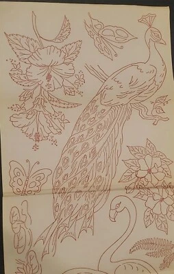Vintage Flamingo Peacock Pond Cattails Transfer Patterns MCM Workbasket Iron On - Image 1 of 4
