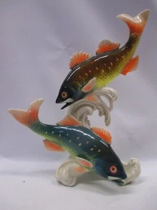 Skulptur groß Karl Ens deutsches Porzellan zwei stilisierte Forellenfische auf Wellensockel - Bild 1 von 22
