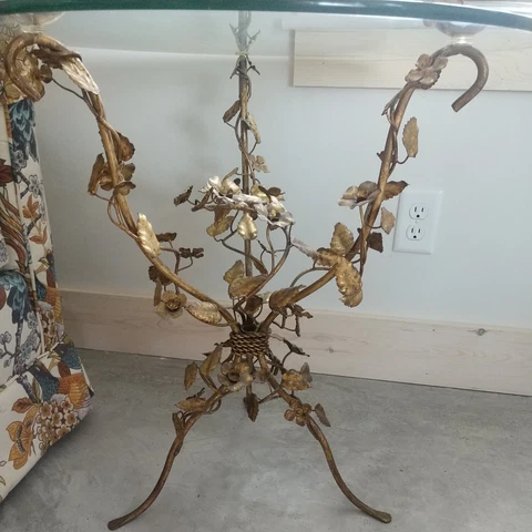 Vintage STUNNING Mid Century Gold Gilt Italian Tole Floral Side Table Base Cover