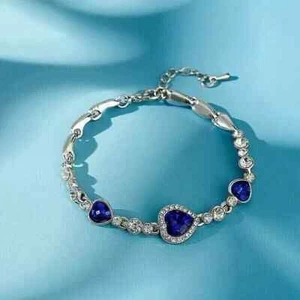 3Ct Lab Created Blue Sapphire Heart Cut Women's Bracelet 14K White Gold Plated - Picture 1 of 6