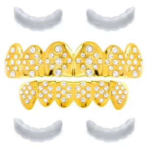 Men's Hip Hop Gold Plated Top and Bottom Clear CZ Mouth Caps Grillz SET LS 011 G - Picture 1 of 4