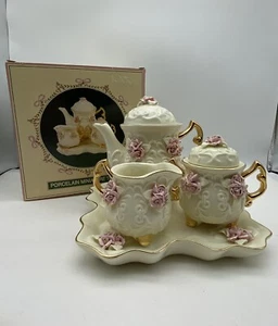 Pink Roses Porcelain Miniature Tea Set - Cracker Barrel. - Picture 1 of 12