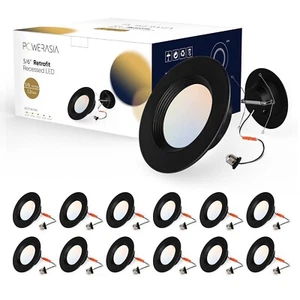 12 Pack 5/6 Inch Black LED Can Lights Retrofit Recessed Lighting, 5CCT 6 Inch... - Picture 1 of 7