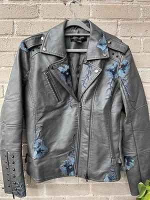 Colleen Lopez Embroidered Faux Leather Ladies Motorcycle Jacket- Sz L Gray $139 - Image 1 of 4