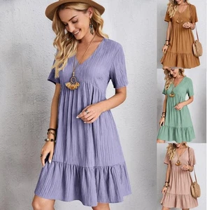 Womens Short Sleeve V neck Midi Dresses Ladies Swing Dress Party Summer - Picture 1 of 28