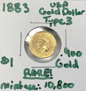 1883 US $1 Dollar Gold Indian Princess Type 3 - 10,800 Minted - OffCenter Strike - Picture 1 of 24