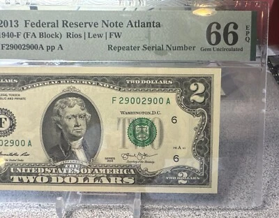 2013 $2 FRN REPEAT  SERIAL NUMBER ( ATLANTA “F”)   Gem - PMG 66 EPQ - Image 1 of 4