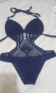 Handmade 100% Cotton Crochet Swimsuit – One-Piece Boho Monokini – Navy (M) - Picture 1 of 3