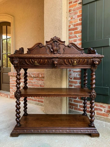 Antique French Carved Oak Hunt Server Sideboard Barley Twist Renaissance Cabinet Cover