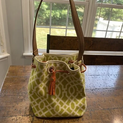 Spartina 449 Heyward Milly Drawstring Bucket Bag Linen W/Leather Details EUC - Image 1 of 4