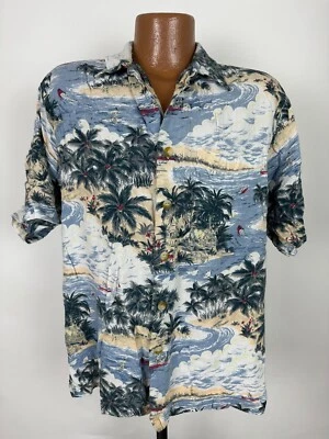 Vintage 80s Bugle Boy Hawaiian Shirt Men M Slim Waffle Textured Beach Scene Palm - Image 1 of 4