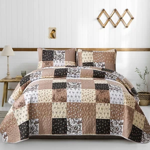 Mybedsoul Patchwork Quilt Set Queen Size,3 Pieces Brown Floral Plaid Patchwork R - Picture 1 of 12