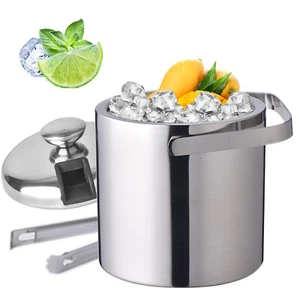 1.3L Stainless Steel Ice Bucket Double Walled Insulated Cooler Bar W/ Lid &Tongs - Picture 1 of 13