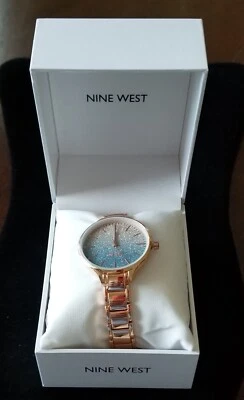 NIB Nine West Rose Gold Watch Blue Sparkle Dial Link Band 7" Max Size New Batt. - Image 1 of 4