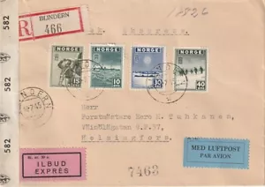 NORUEGA: Cubierta de expreso registrada censurada Blindern a Finlandia 1945, arr.canc. - Imagen 1 de 2