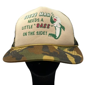 Every Man Needs A Little Bass Vintage Trucker Snapback Hat Cap Fishing Mermaid - Picture 1 of 9