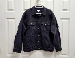 Herren Forever 21 Langarm Button Down Distressed Schwarz Denim Jeansjacke Gr. M - Bild 1 von 5