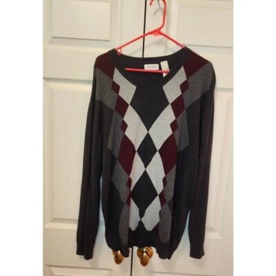 Men Concepts by Claiborne Gray Burgundy Argyle V Neck Cotton Sweater Size XXL - Image 1 of 2
