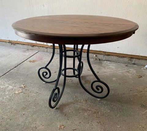 1999 Wrought Iron Dining Table Base + Wooden Top w/ Leaf, Walter Wabash Slides Cover