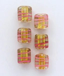 6 cuentas de lámina dorada de vidrio de Murano rayas rosas vintage cuadradas murano artesanía audaz - Imagen 1 de 3