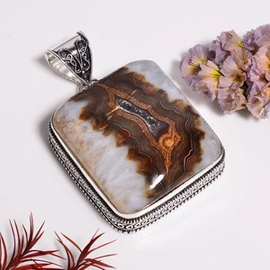 Brown Botswana Agate Druzy Gemstone Handmade 925 Silver Pendant 2.3" 35.3 gm - Picture 1 of 5
