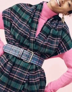 J Crew L3127 Damengröße Large dicker Ledergürtel in grün/rosa Schottenkaro neu mit Etikett - Bild 1 von 10