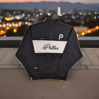 Moletom feminino Mitchell & Ness Philadelphia Phillies 1/4 zíper lã pequeno Novo com etiquetas - Imagem 1 de 4