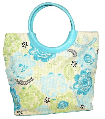 Bolso de Mano Sigrid Olsen Crema con Turquesa Lima Bordado Flores Ramie Lino Foto 1 de 4