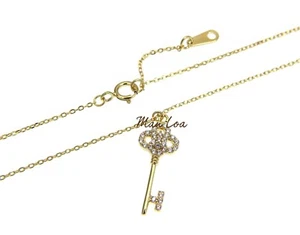 925 Sterling Silver Yellow Gold Plated Key CZ Necklace Chain Included 16+1" - Picture 1 of 2