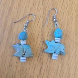 Native American Carved Turquoise Bear Earrings Tribal Drop Dangle Mexican Stone - Picture 1 of 4