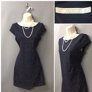 Zara Trafaluc Navy Polka Dot Asymmetric Jersey Retro Midi Dress Small - Picture 1 of 12