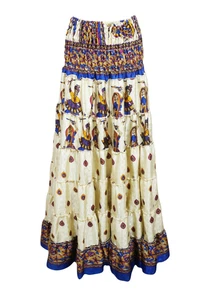 Boho Gypsy Hippy Maxi Skirt Printed Recycled Sari Strapless Dress BeigeSkirt S/M