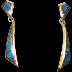 14K yellow Gold Black Bold Opal dangle earrings - Picture 1 of 4
