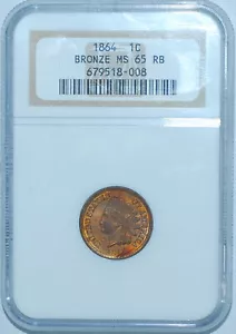 1864 NGC MS65RB Red and Brown FS-1401 S-11 Lathe Lines Indian Cent - Picture 1 of 6