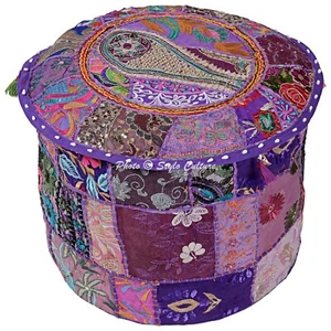 Ethnic Round Pouf Cover Patchwork Embroidered Fabric Pouffe Ottoman Bohemian 22" - Picture 1 of 3