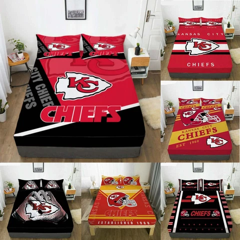 Kansas City Chiefs Fitted Sheet Pillowcases 3Pcs Deep Pocket Bed Sheet Set Gift Cover