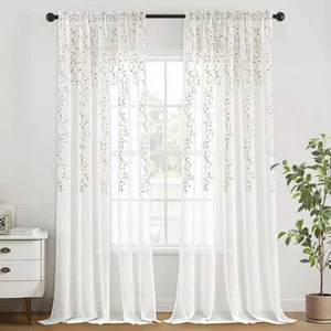 Natural Semi Sheer Curtains 84 Inches Long, Embroidered Floral Vine Curtains ... - Picture 1 of 6