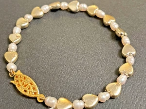 Vintage Süßwasser Biwa Perlen und goldfarbenes Herz Armband zierliche Liebe - Bild 1 von 6