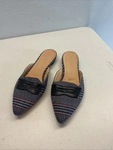 J Crew Wms Mules Blue Plaid Tweed Pointy Toe Slides Slip On Flat Shoes Size 7.5 - Picture 1 of 16