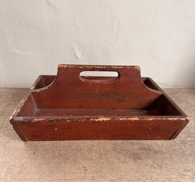 Antique Handmade Wooden Cutlery Tote Box Original Red Paint New England - Image 1 of 4