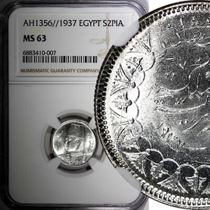 ÄGYPTEN Farouk Silber AH1356 1937 2 Piastres NGC MS63 Auflage - 500.000 KM#365 (07) - Bild 1 von 5
